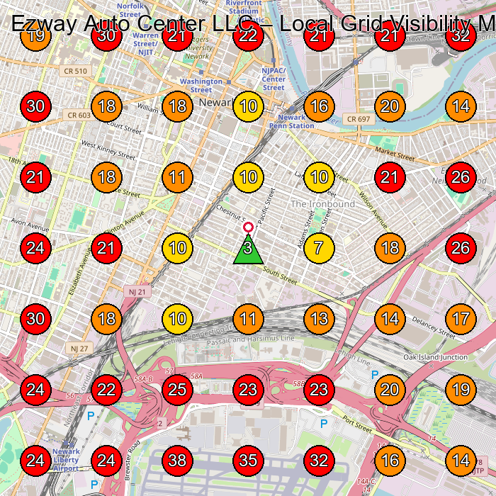 Ezway Auto Center LLC GeoGrid visibility map for Used Car Dealer in Newark